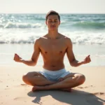 Person sitting in peaceful meditation posture on a sunny beach, ocean waves visible, natural light, serene expression, realistic photography, no text visible