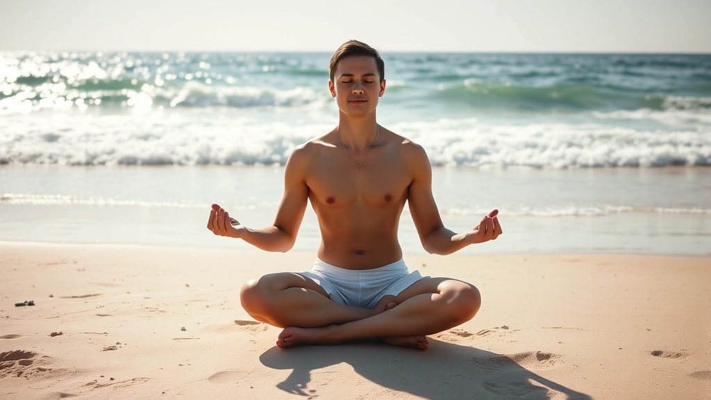 Person sitting in peaceful meditation posture on a sunny beach, ocean waves visible, natural light, serene expression, realistic photography, no text visible
