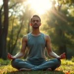 Person sitting in peaceful meditation pose in serene natural environment with soft sunlight filtering through trees, calm facial expression, photorealistic, no text