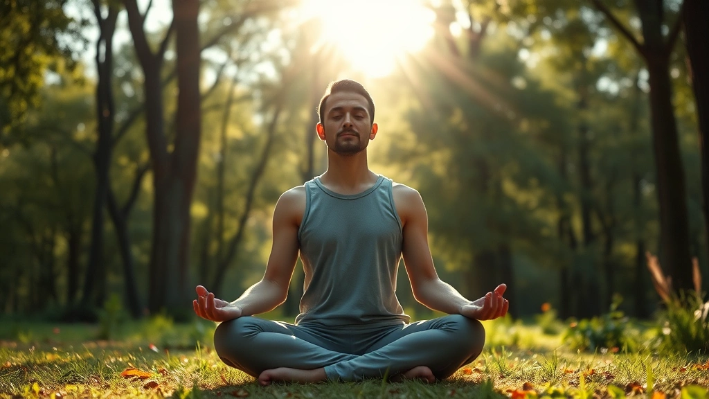 Person sitting in peaceful meditation pose in serene natural environment with soft sunlight filtering through trees, calm facial expression, photorealistic, no text