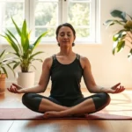 Person meditating peacefully on a yoga mat in a sunlit room with plants, eyes closed, serene expression, natural lighting, photorealistic, no text or screens visible