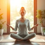 Person meditating in lotus position with serene expression, warm natural lighting from window, peaceful indoor garden environment with plants, photorealistic, calm atmosphere