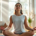 Person sitting in meditation pose with eyes closed, peaceful expression, morning sunlight streaming through windows, serene indoor environment, photorealistic