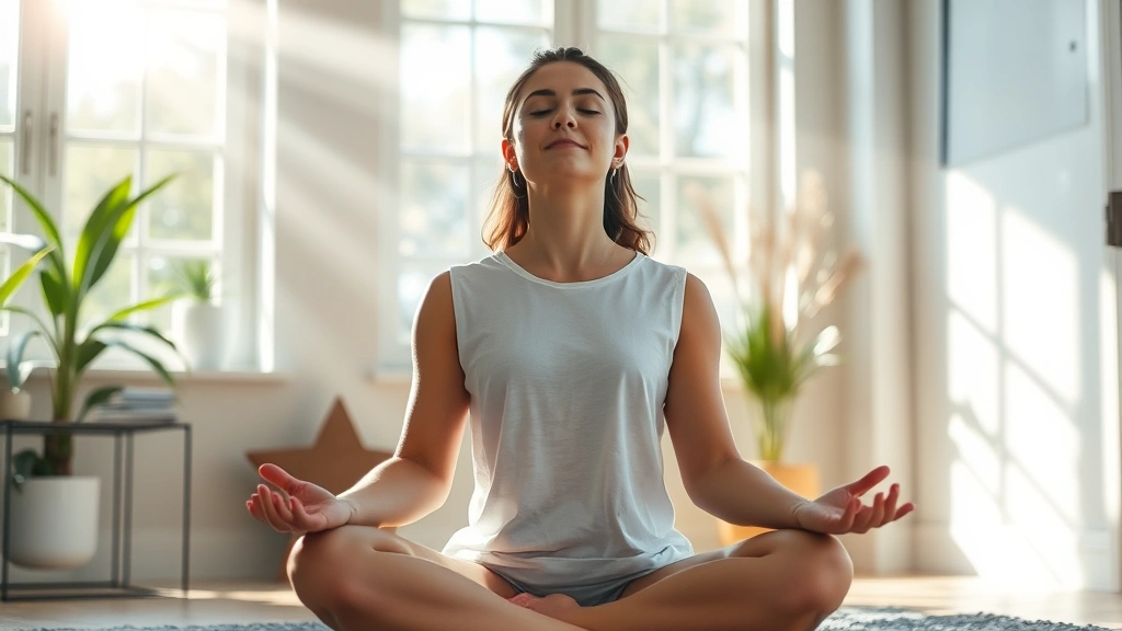 Person sitting in meditation pose with eyes closed, peaceful expression, morning sunlight streaming through windows, serene indoor environment, photorealistic