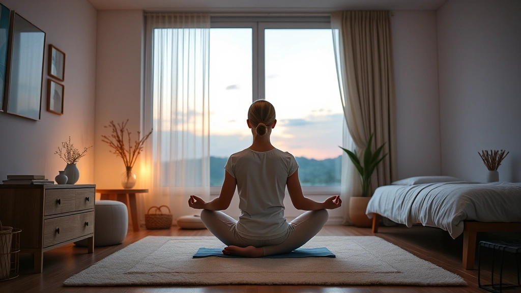 Person sitting cross-legged in lotus position meditating peacefully in a serene bedroom at twilight with soft warm lighting and minimal furniture