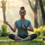 Person sitting cross-legged in peaceful meditation pose in serene nature setting with soft morning light filtering through trees, demonstrating calm mindfulness practice
