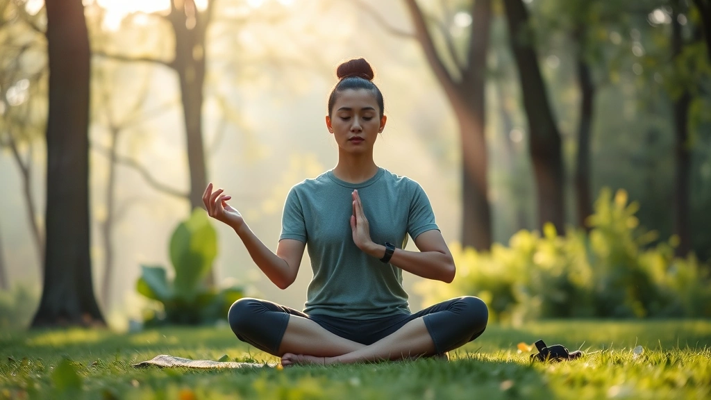 Person sitting cross-legged in peaceful meditation pose in serene nature setting with soft morning light filtering through trees, demonstrating calm mindfulness practice