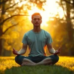 Person meditating in serene natural environment with soft golden sunlight filtering through trees, peaceful expression, sitting cross-legged on grass, photorealistic
