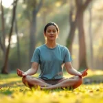 Person meditating in peaceful natural setting with soft morning light filtering through trees, serene facial expression, cross-legged position on ground, photorealistic calm atmosphere