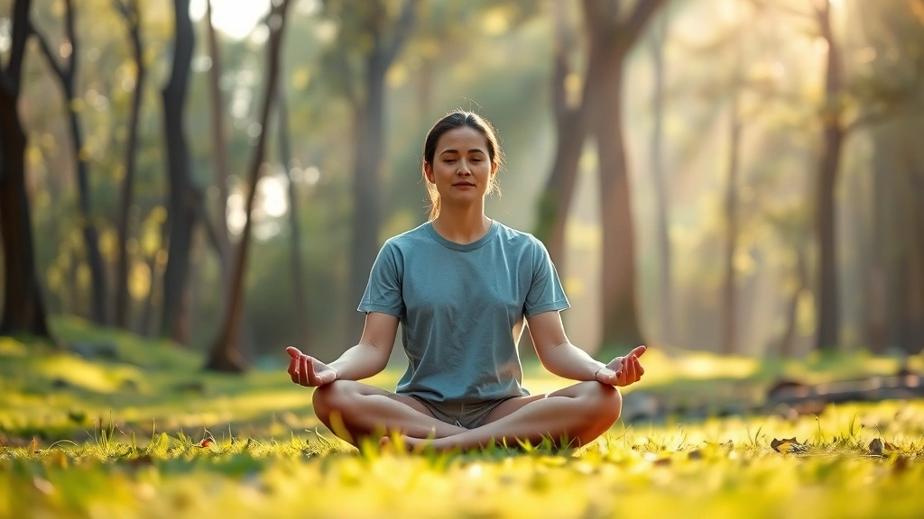 Person meditating in peaceful natural setting with soft morning light filtering through trees, serene facial expression, cross-legged position on ground, photorealistic calm atmosphere