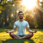 Person meditating in serene nature setting with soft sunlight filtering through trees, peaceful expression, sitting cross-legged on grass, completely relaxed posture, photorealistic wellness imagery