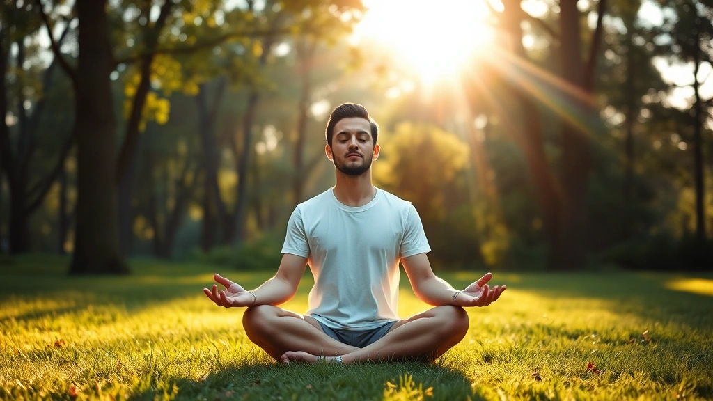 Person meditating in serene nature setting with soft sunlight filtering through trees, peaceful expression, sitting cross-legged on grass, completely relaxed posture, photorealistic wellness imagery