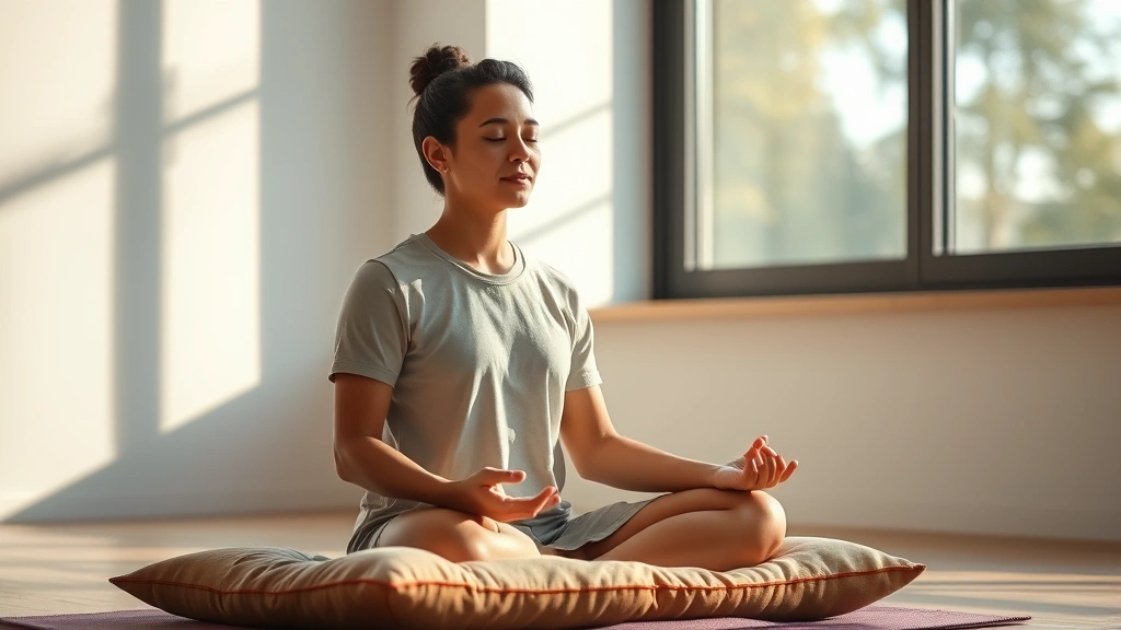Person meditating peacefully in modern minimalist room with soft natural light streaming through large window, serene facial expression, relaxed posture on cushion