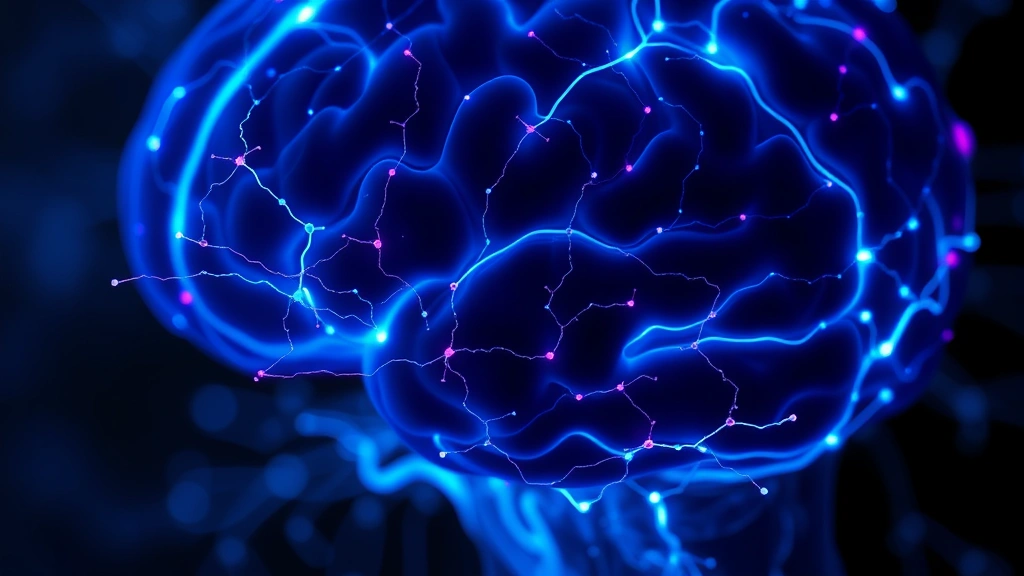 Close-up of human brain with glowing neural pathways and connections lighting up in blues and purples, representing mindfulness neuroscience, no labels
