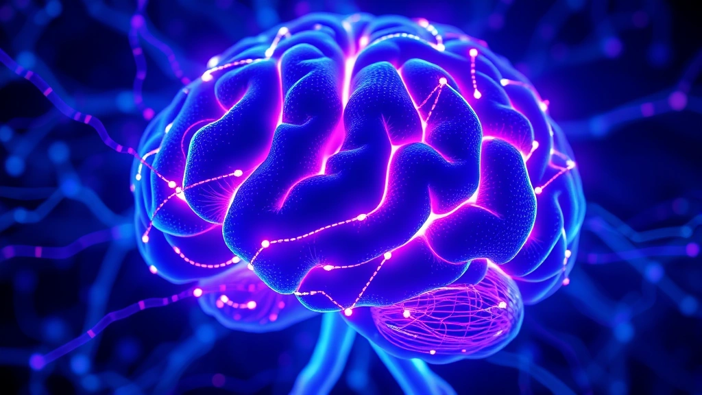 Close-up of brain neural networks glowing with blue and purple light, showing synaptic connections and neural pathways, scientific visualization of mindfulness neuroplasticity effects
