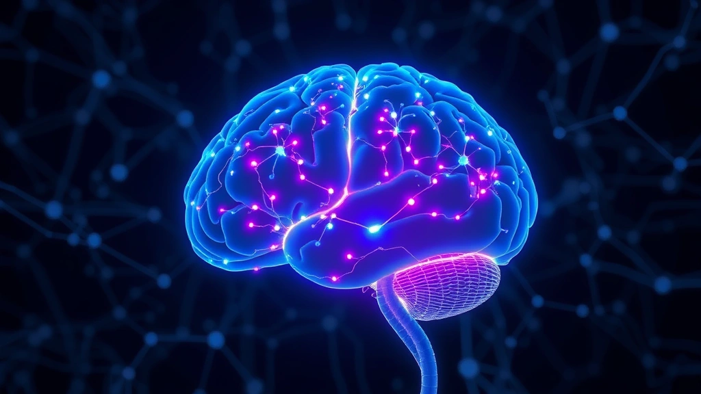 Brain visualization showing neural connections glowing with blue and purple light, neuroscience concept art, abstract representation of neuroplasticity, detailed network pathways, professional medical illustration style