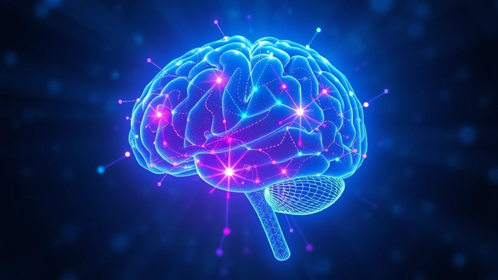 Brain illustration showing neural connections and light patterns representing mindfulness meditation, abstract scientific visualization, blue and purple glowing neural pathways, photorealistic style, no text