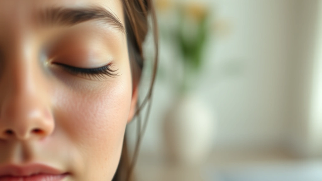 Close-up of a person's peaceful face with eyes closed during meditation, showing calm expression, soft lighting, peaceful indoor setting, photorealistic detail