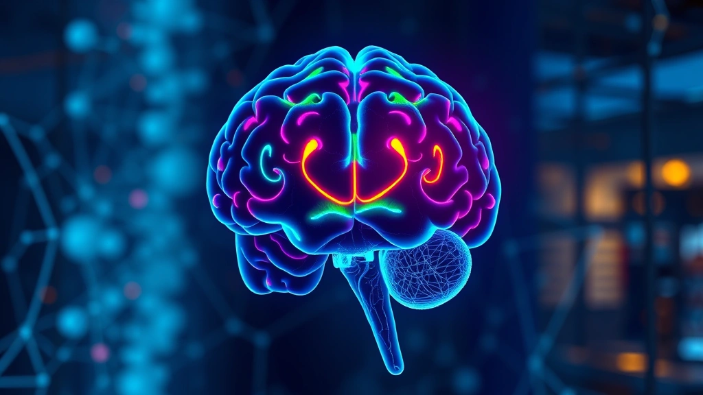 Brain scan visualization showing prefrontal cortex highlighted in bright colors, neuroscience laboratory setting, abstract neural network patterns, photorealistic, no text