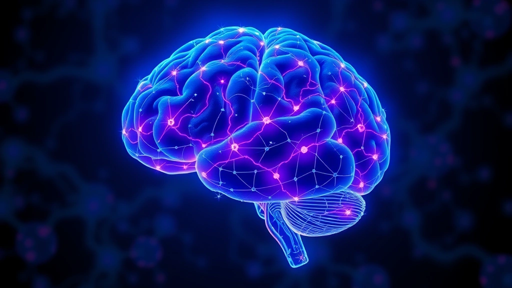 Brain illustration showing neural connections lighting up in blue and purple, representing neuroplasticity and mindfulness meditation effects on brain structure, glowing pathways between neurons, scientific visualization without text overlays