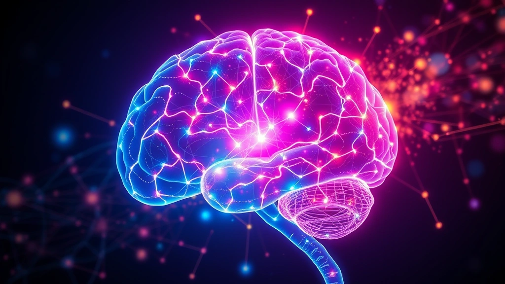 Brain scan visualization showing glowing neural pathways and connections lighting up in vibrant colors representing mindfulness meditation, abstract neuroscience imagery, no text or labels visible