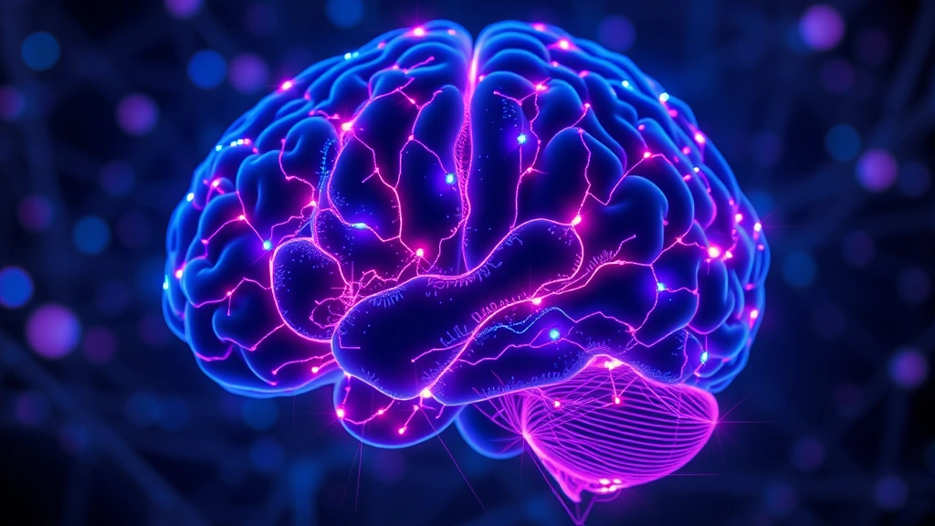 Brain scan visualization showing glowing neural pathways and synaptic connections, abstract representation of mindfulness neural activity, blue and purple light patterns