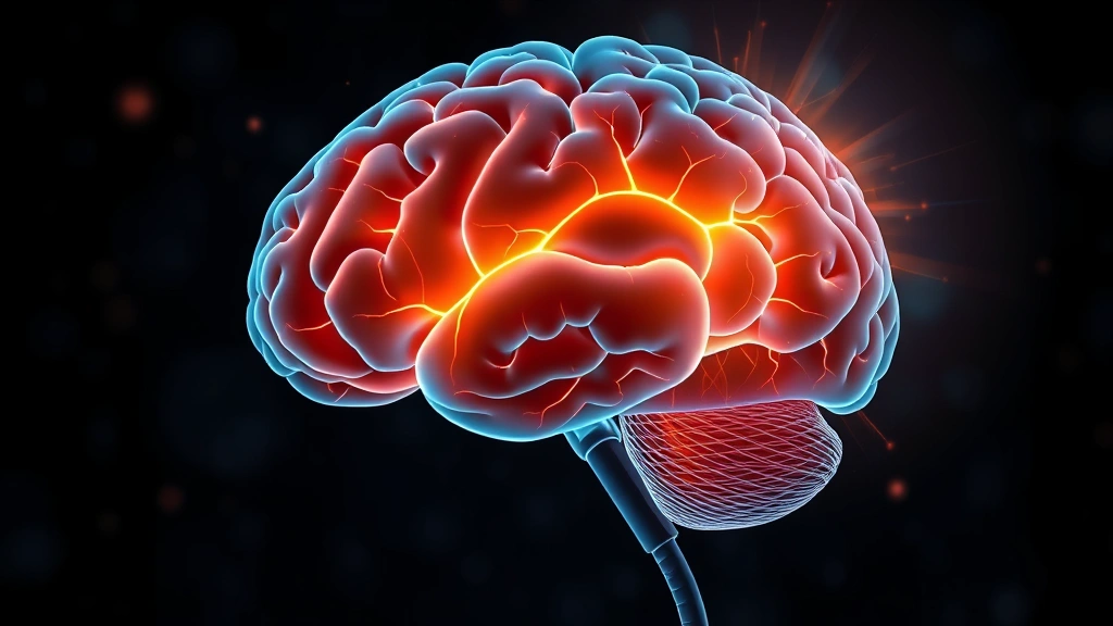 Brain illustration showing highlighted prefrontal cortex and amygdala with neural pathways glowing, representing neuroscientific changes from mindfulness meditation, abstract medical visualization style