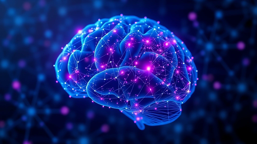 Brain visualization showing neural networks and glowing connection points representing attention circuits, abstract neuroscience imagery with blue and purple light patterns, no text or labels visible