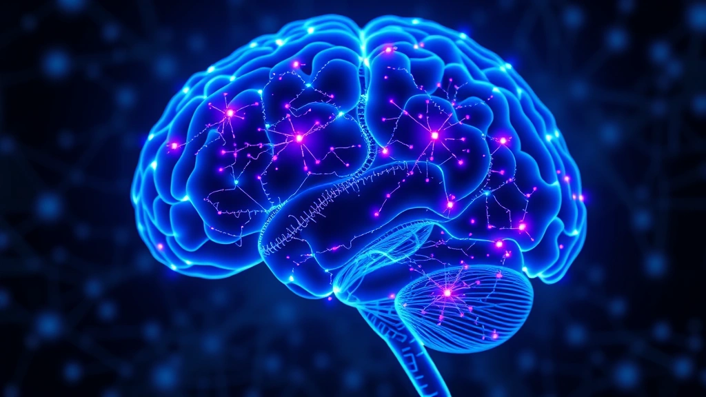 Brain scan visualization showing neural pathways and synaptic connections illuminated in blue and purple, representing neuroplasticity and mindfulness effects on brain structure, photorealistic medical illustration style