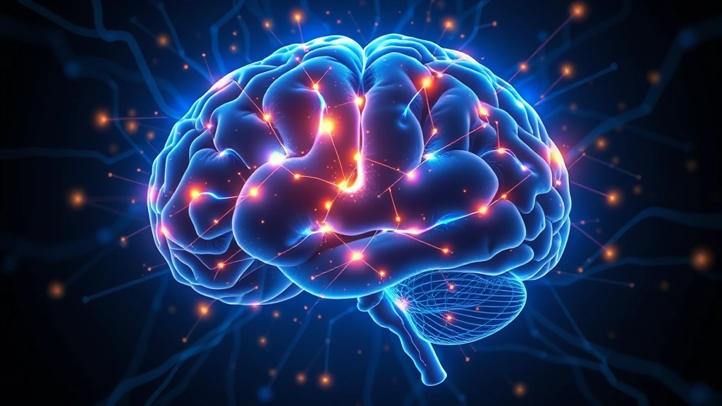 Brain illustration showing neural pathways lighting up with blue and gold energy, representing mindfulness activation, neuroscience visualization, clean modern style photorealistic