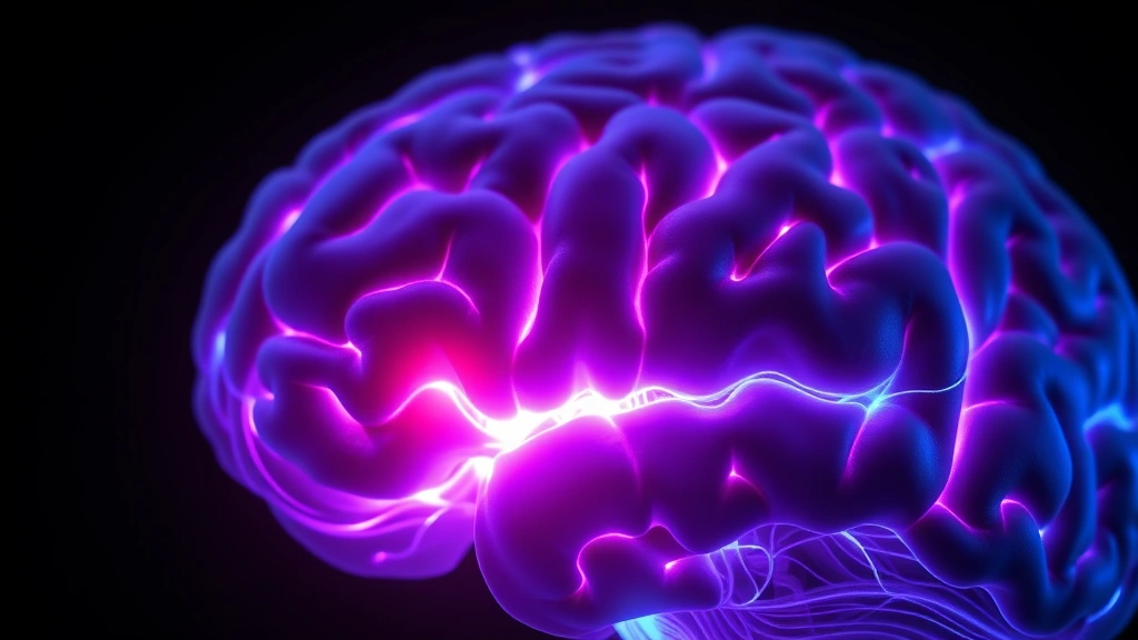 Close-up of human brain with highlighted prefrontal cortex and amygdala regions glowing softly, neural pathways illuminated in blue and purple, scientific medical illustration style, dark background