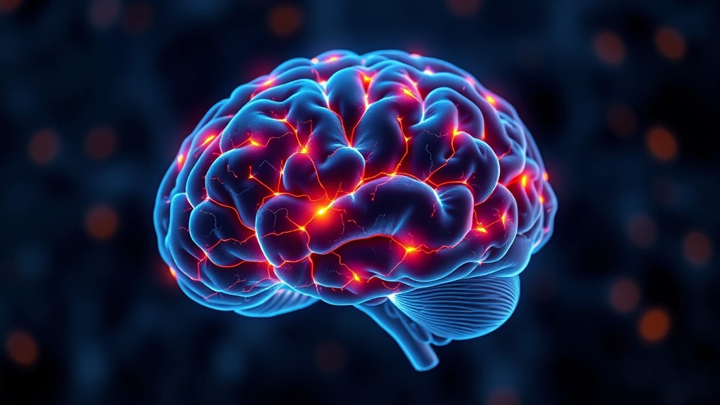 Brain illustration showing neural pathways lighting up with warm colors, representing mindfulness activation in the prefrontal cortex and amygdala, abstract neuroscience visualization, photorealistic