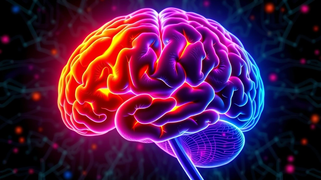 Brain scan showing highlighted prefrontal cortex and anterior cingulate cortex regions in neon colors, abstract neural network patterns, scientific visualization style, photorealistic medical illustration