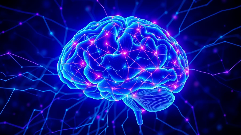 Brain neural network visualization with glowing connections and activity patterns, abstract representation of meditation effects, deep blue and purple tones, scientific illustration style, no text overlay