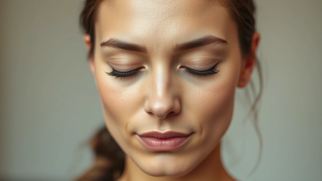 Close-up of woman's face with eyes closed during meditation, serene expression, soft warm lighting, peaceful mindfulness moment, indoor studio setting with neutral background