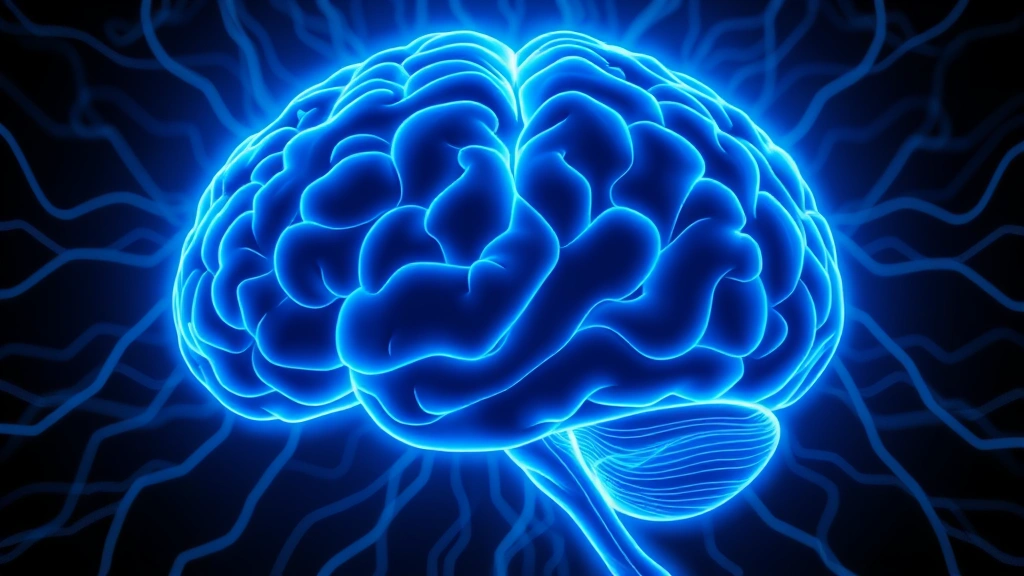 Brain neural pathways glowing with blue light representing mindfulness activation, calm brainwave patterns visualized, scientific illustration style, dark background highlighting neural connections