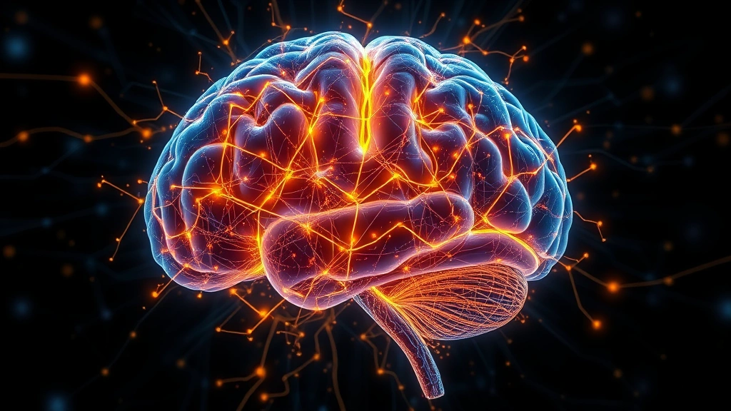 Brain visualization showing neural networks lighting up with golden and blue energy patterns, representing neuroplasticity and mindfulness meditation effects, scientific illustration style, highly detailed