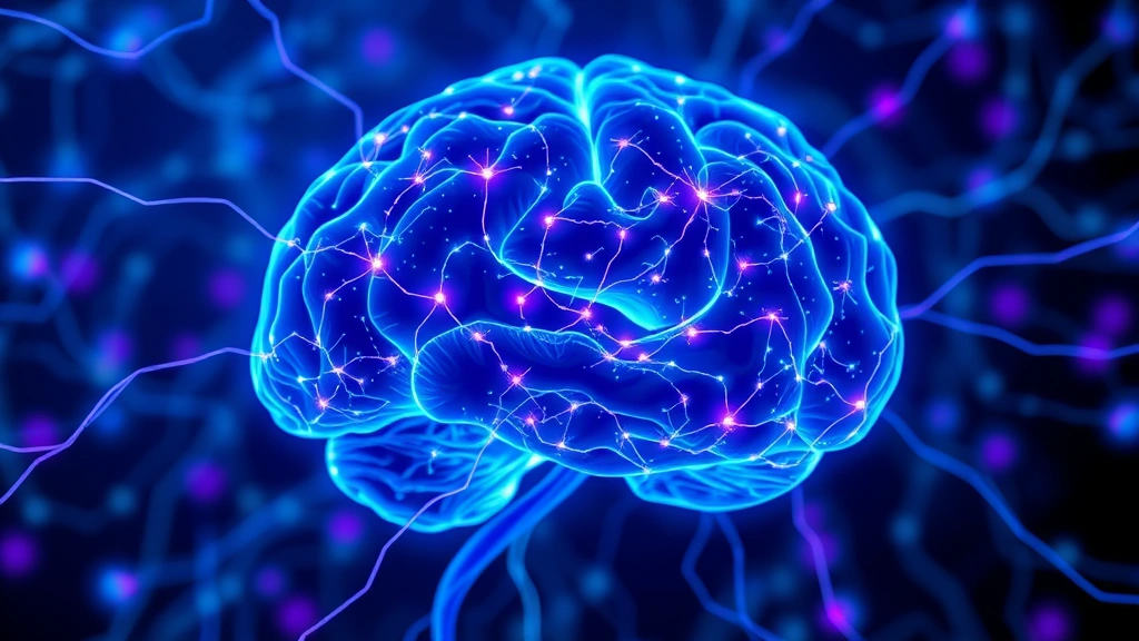 Brain neural network visualization showing glowing connections and pathways in blue and purple tones, representing mindfulness neural changes, photorealistic scientific illustration
