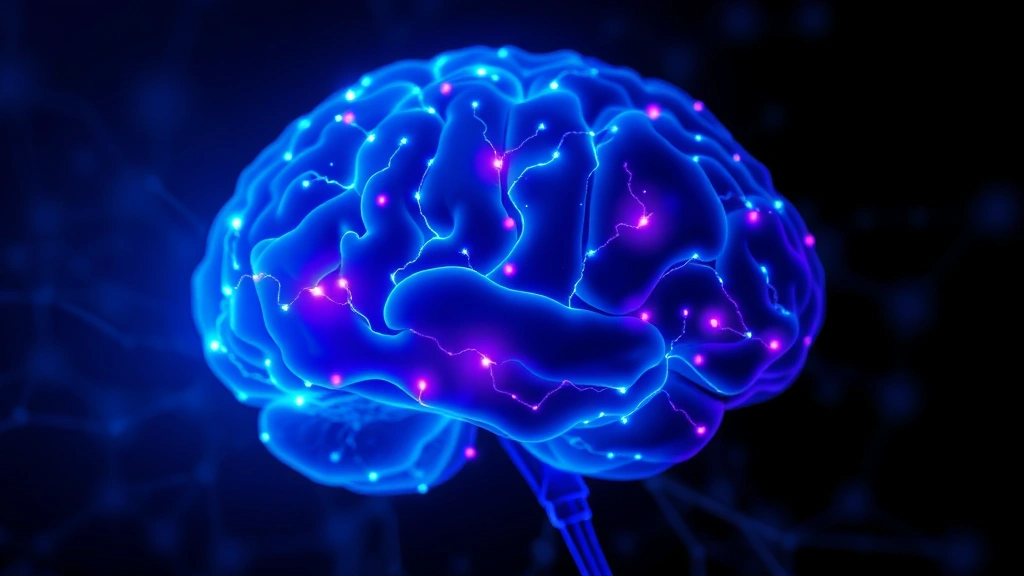 Brain neural pathways glowing with blue and purple light, mindfulness meditation visualization, scientific illustration style, neuroscience focus, no text