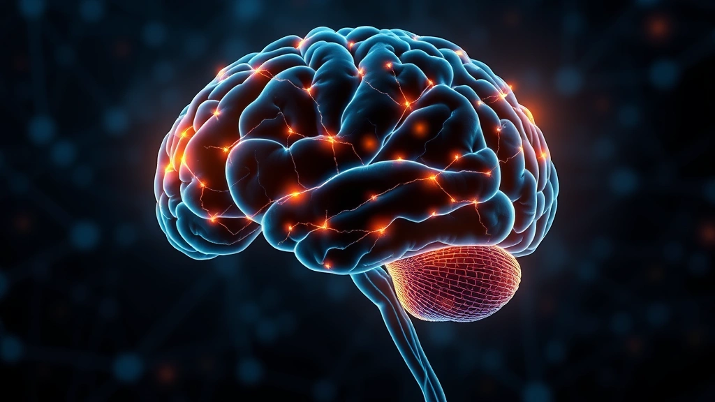 Brain illustration showing glowing neural connections and highlighted prefrontal cortex region, representing mindfulness neurological effects, scientific visualization style