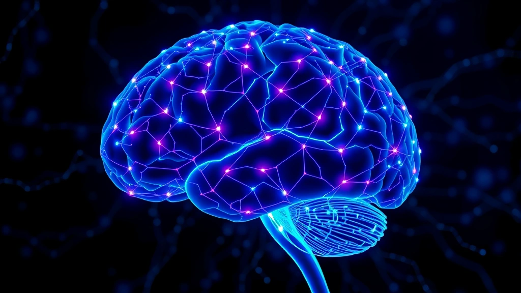 Brain visualization with glowing neural pathways connecting different regions, abstract yet photorealistic representation of mindfulness neuroplasticity, vibrant blues and purples, scientific illustration style, no labels
