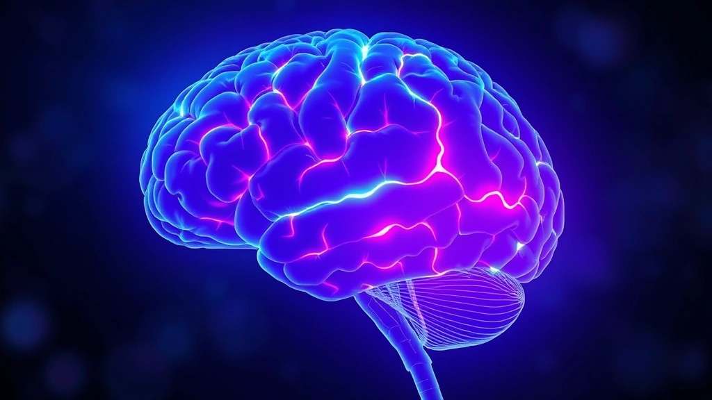 Brain visualization showing neural pathways lighting up in blue and purple, representing mindfulness activation in prefrontal cortex and reduced amygdala activity, scientific illustration style, photorealistic