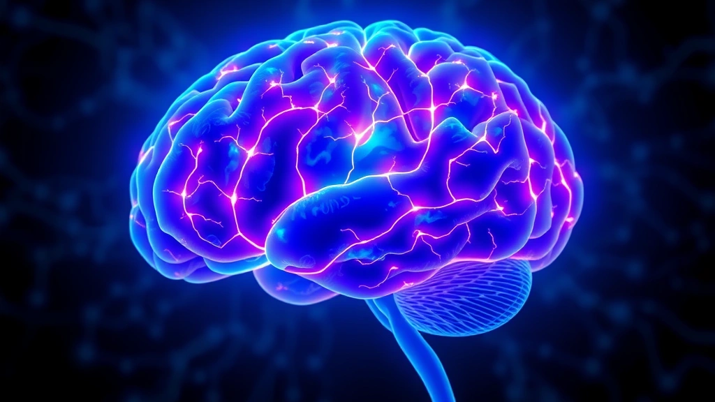 Brain with glowing neural pathways highlighted, representing neuroplasticity and mindfulness benefits, vibrant blue and purple colors, scientific illustration style, photorealistic