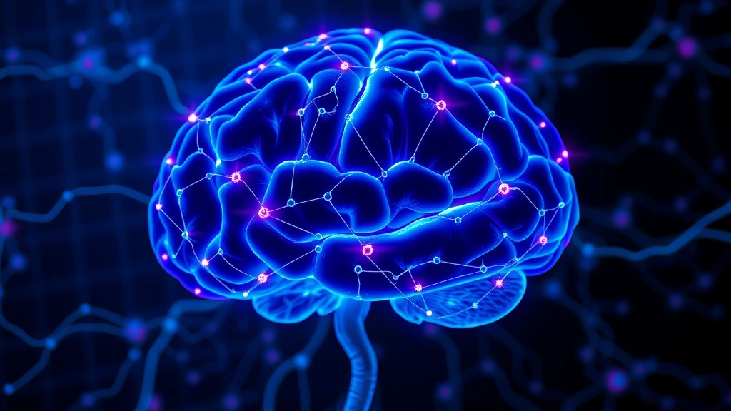 Brain neural networks lighting up with blue and purple connections, abstract representation of neuroplasticity and mindfulness effects on brain structure, scientific visualization style