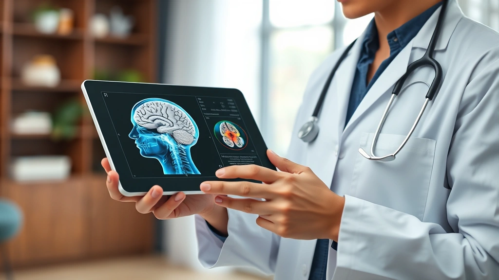 Modern medical professional in white coat holding digital tablet showing patient brain imaging or health data, warm clinical setting, professional consultation environment, photorealistic healthcare scene