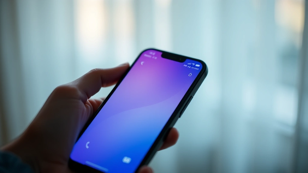 Close-up of hands holding smartphone displaying calming meditation app interface with soft blue and purple gradient colors, gentle lighting on face