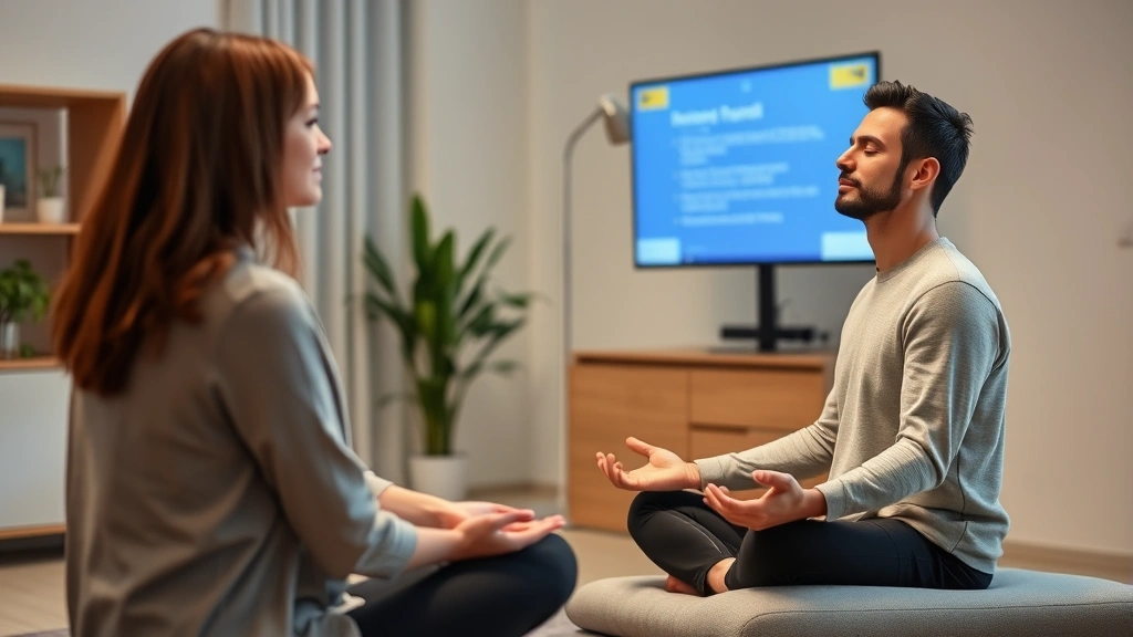 Therapist and patient in modern clinical setting during mindfulness session, person sitting peacefully with eyes closed, warm professional environment, no visible screens or text