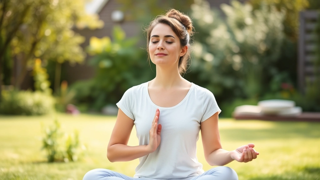 Woman practicing mindful breathing outdoors in garden, focused peaceful expression, hands on lap, natural lighting, wellness and mental health concept