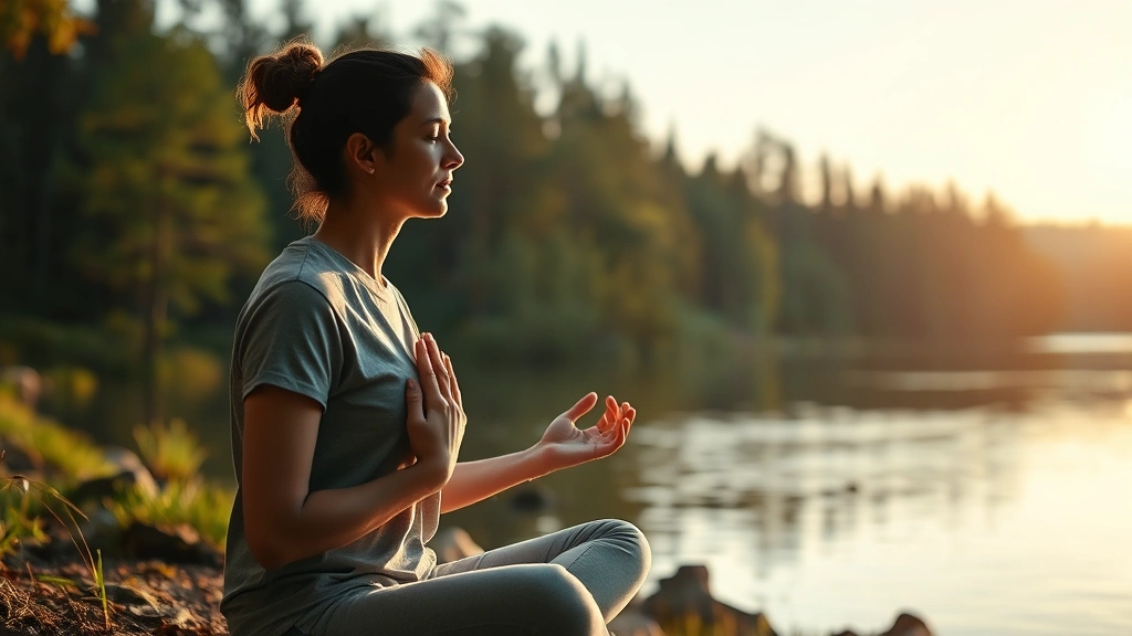 Person practicing mindful breathing outdoors in nature, sitting peacefully near a calm lake or forest, hands resting on lap, soft golden hour lighting, tranquil atmosphere