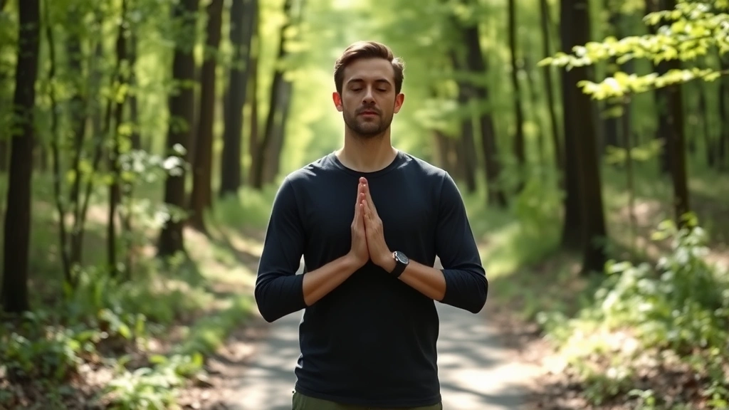 Person doing mindful walking meditation on a forest path with dappled sunlight, hands gently clasped, focused expression, demonstrating present-moment awareness in nature